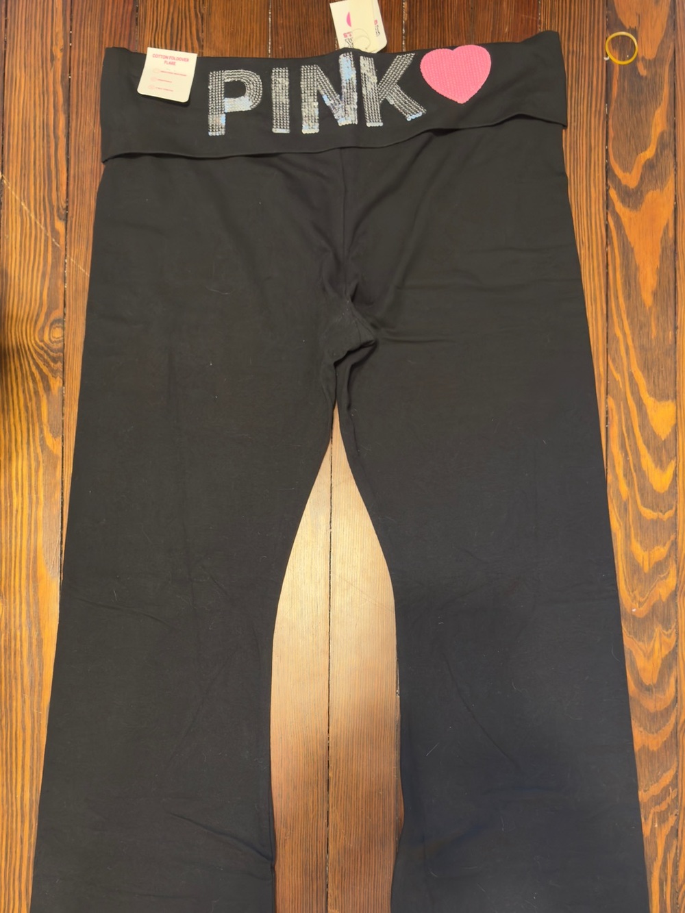 Victoria’s Secret PINK Originals Cotton Foldover Flare Pants Black Sequin XL